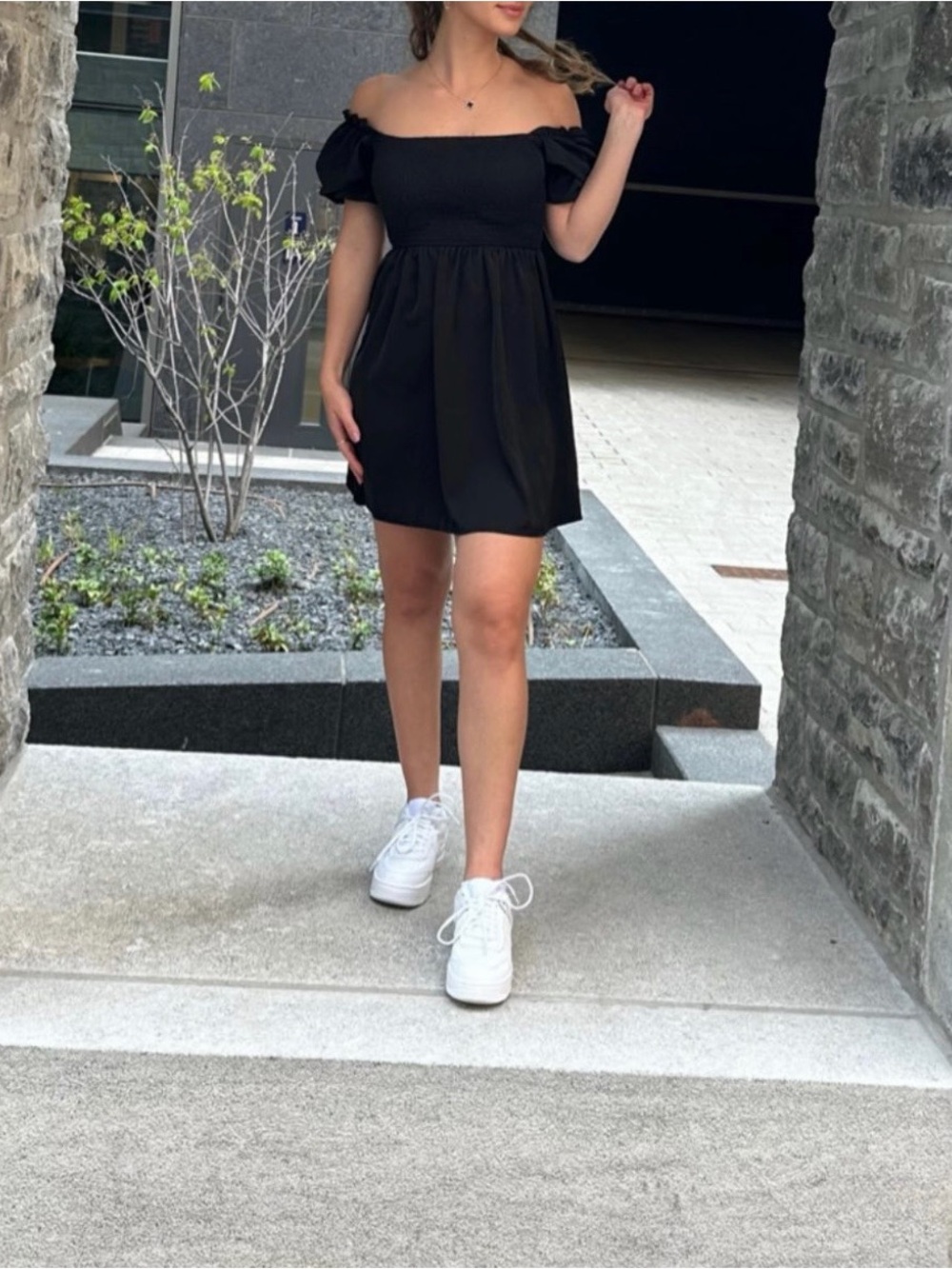 Off-Shoulder Black Puff Sleeve Mini Dress
